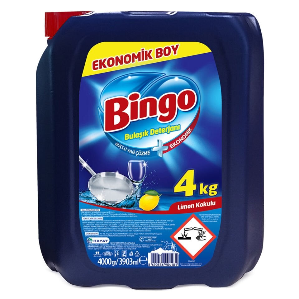 Bingo Bulaşık Sıvısı 4 Litre Limon Kokulu Elde Yıkama x 4 Adet