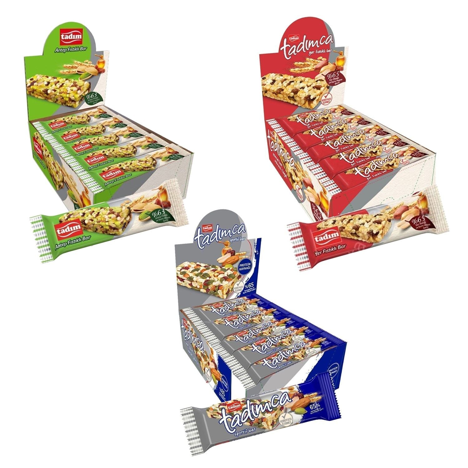 Tadım Sportif - Antep Fıstıklı - Yer Fıstıklı Bar 30 gr 20 li - 3 lü Karma Paket