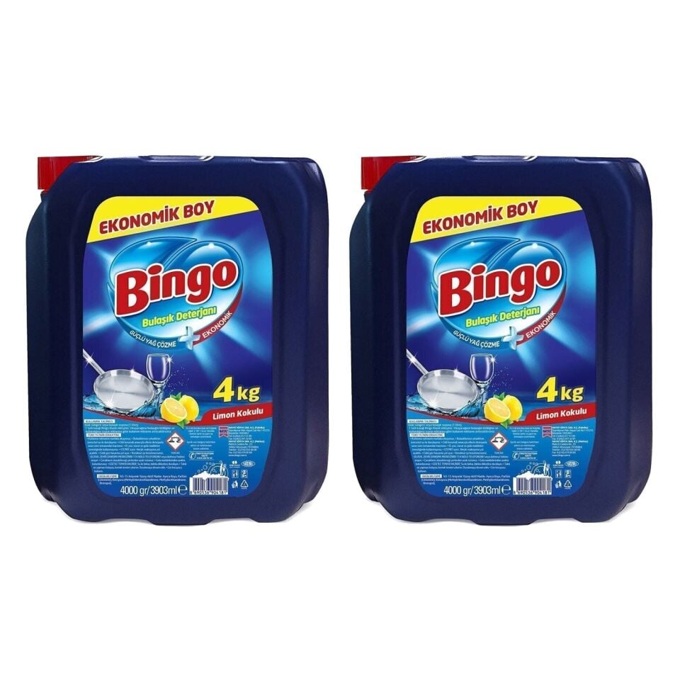 Bingo Bulaşık Sıvısı 4 Litre Limon Kokulu Elde Yıkama x 2 Adet