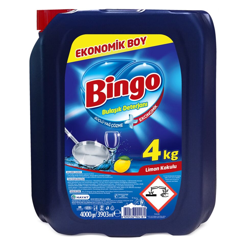 Bingo Bulaşık Sıvısı 4 Litre Limon Kokulu Elde Yıkama x 4 Adet