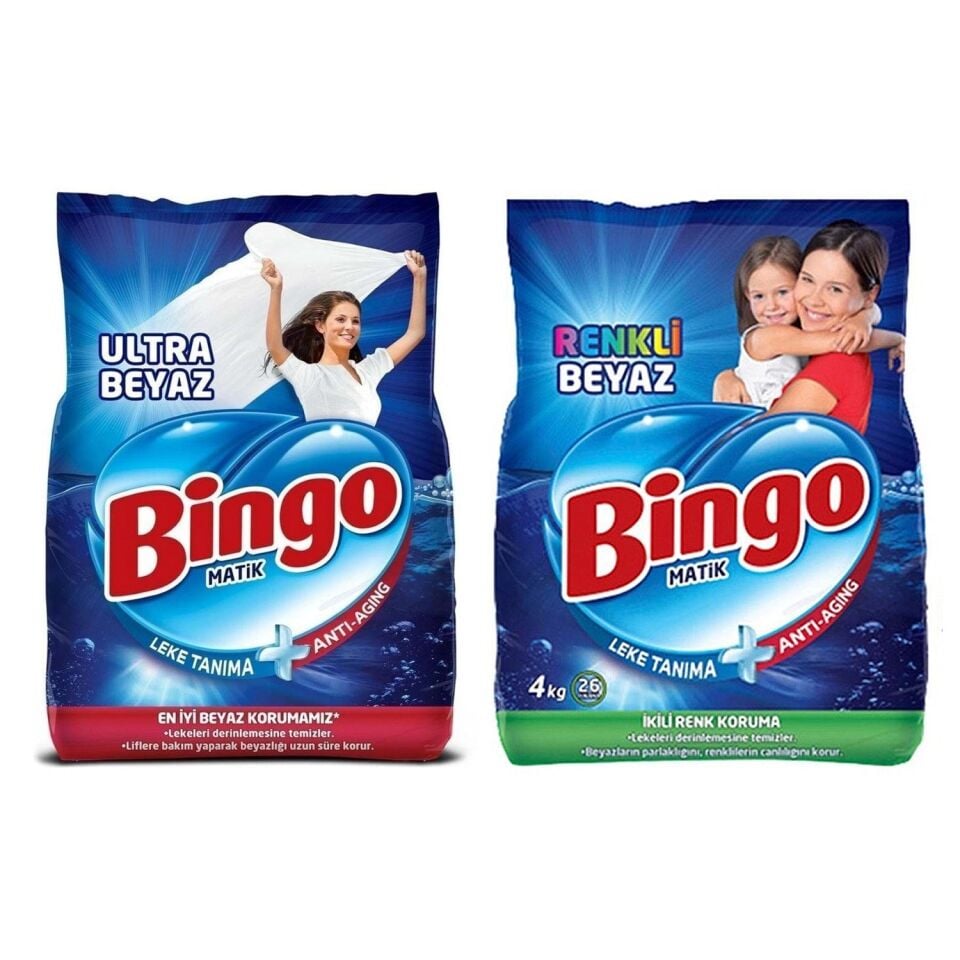 Bingo Matik Ultra Beyaz 4 kg + Renkli Beyaz 4 kg Toz Çamaşır Deterjanı 2 li Set
